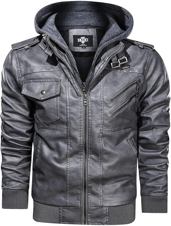 Hood Crew Men’s Casual Stand Collar PU Faux Leather Zip-Up Motorcycle Bomber Jacket With a Remo... | Amazon (US)
