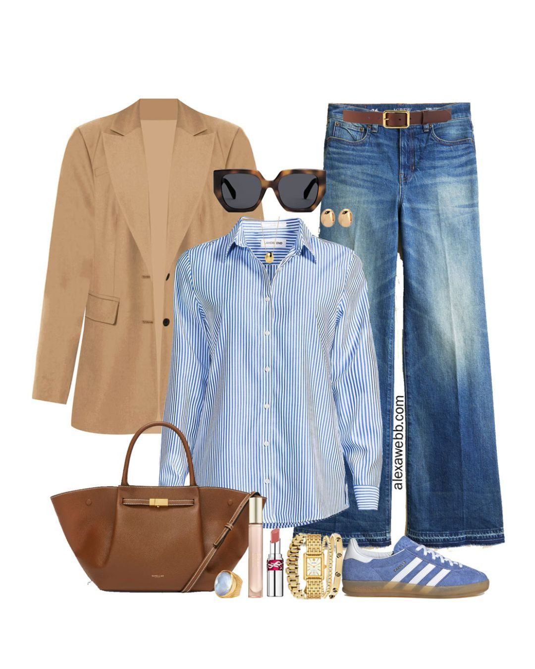 Plus Size Blue Jeans Outfit - A plus size casual outfit with jeans, a blue and white striped shirt, camel blazer or coat as needed, and blue Adidas sneakers. A modern take on casual with some classic pieces. Alexa Webb #plussize

#LTKSeasonal #LTKPlusSize #LTKMidsize