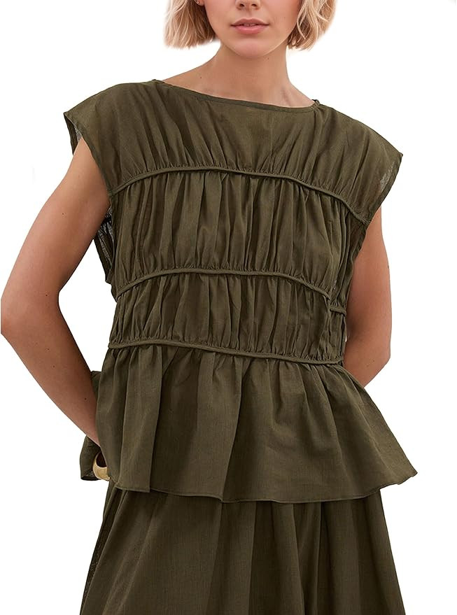 MISSACTIVER Women's Casual Tiered Shirred Tank Top Crew Neck Cap Sleeve Pleated Flared Hem Babydo... | Amazon (US)