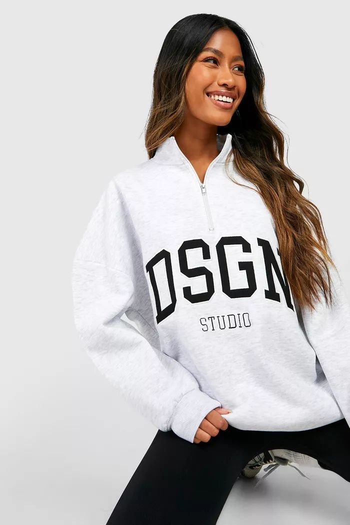 Ash Grey Dsgn Studio Half Zip Applique Oversized Sweatshirt | Boohoo.com (UK & IE)