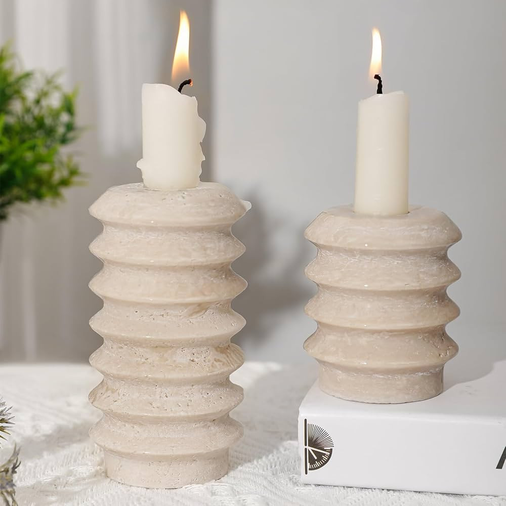 Marble Candle Holders, Set of 2 Candlestick Holders Real Natural Travertine Stone Candle Stand fo... | Amazon (US)