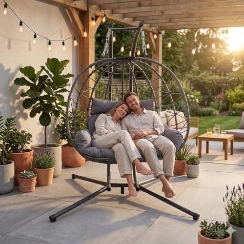 Double Hanging Egg Chair with Stand & Cushions,2 Person Swing Egg Chairs for Outside Balcony Garden (Grey) | Amazon (US)