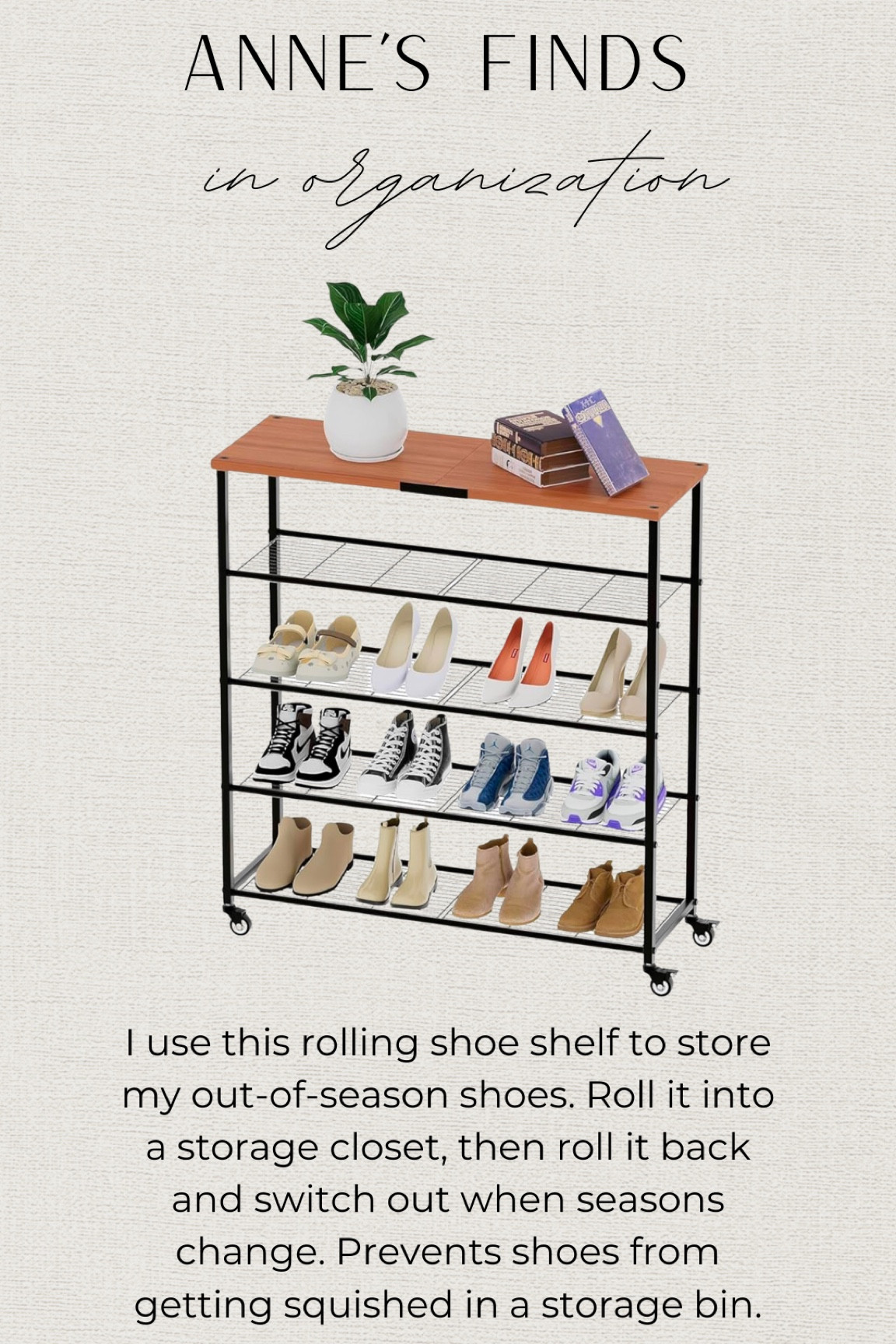 Organization hack! Use this rolling show shelf to easily move out of season shoes into a storage area. Then roll back when it’s time to move them back into your closet. Prevents shoes from getting ruined in a storage bin and it’s a huge time saver!

#LTKShoeCrush #LTKFindsUnder50 #LTKFamily
