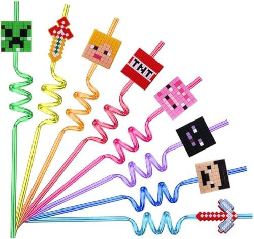 24 Pcs Pixel Miner-Themed Straw, Party Favors, Mine Crazy Straws, Suitable as a Small Party Favor | Amazon (US)