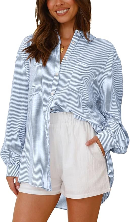 Neweek Womens Button Down Boyfriend Striped Shirts Long Sleeve Cotton Work Office Loose Blouses T... | Amazon (US)