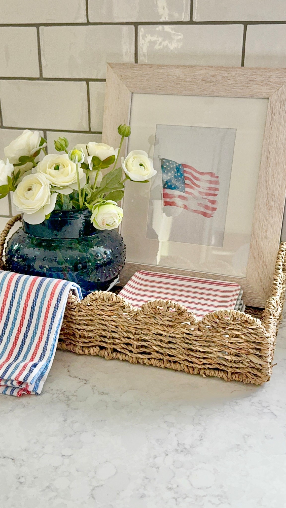 Kitchen Countertop tray styling for Fourth of July! Patriotic decor can be subtle and easy to create. l printed up this flag artwork from my computer and put it in a frame! Done! So pretty and easy 

Little towel is from Target- Bullseye playground and plates are old from Target Hearth & Hand

#LTKHome #LTKSeasonal