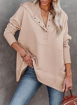 AlvaQ Women Casual Button V Neck Hoodies Oversized Pullover Sweatshirt Hooded Tops with Pockets | Amazon (US)