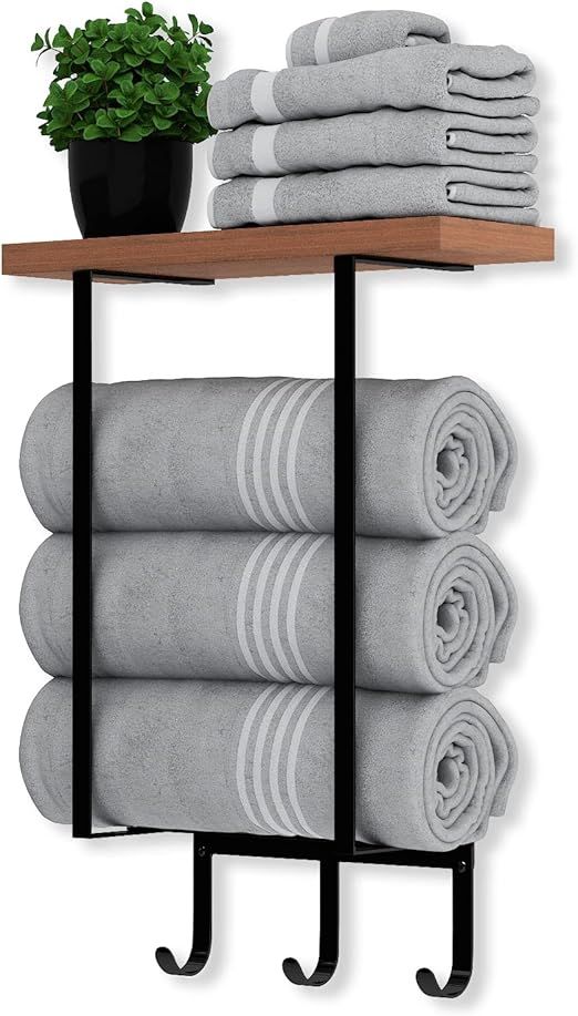 ZUJJAFY Wall Mounted Towel Racks with Wooden Shelf & 3 Hooks, Towel Holder for Small Bathroom Wal... | Amazon (US)