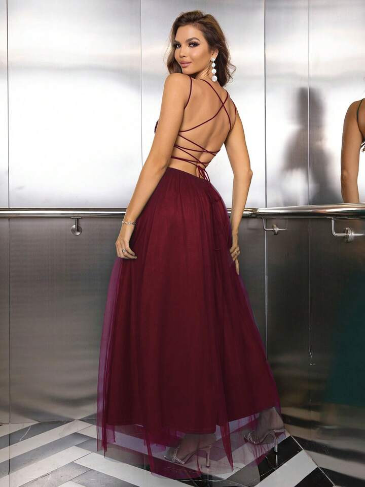 Joyfunear Lantejoula De Contraste Sobreposição De Malha Vestido De Festa | SHEIN