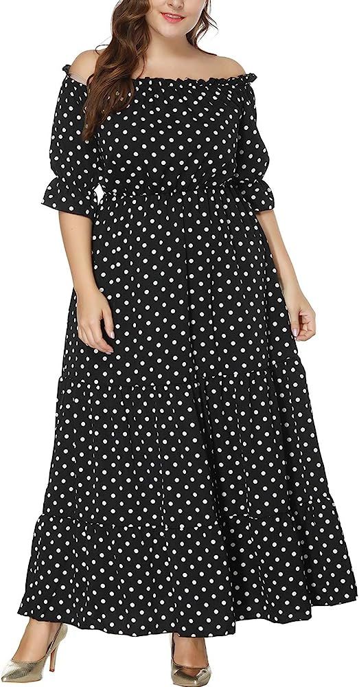 Womens Plus Size Off The Shoulder Maxi Dress Floral Polka Dot Long Dress Summer Casual Boho Party... | Amazon (US)