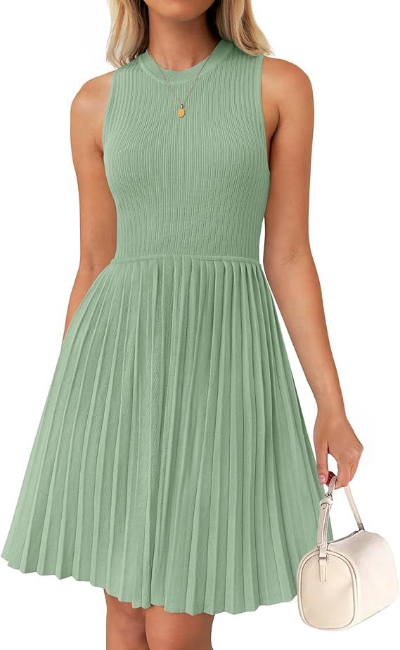 ZESICA Women's Summer Sleeveless Mini Dress 2024 Crewneck Knit A Line Pleated Swing Basic Short D... | Amazon (US)