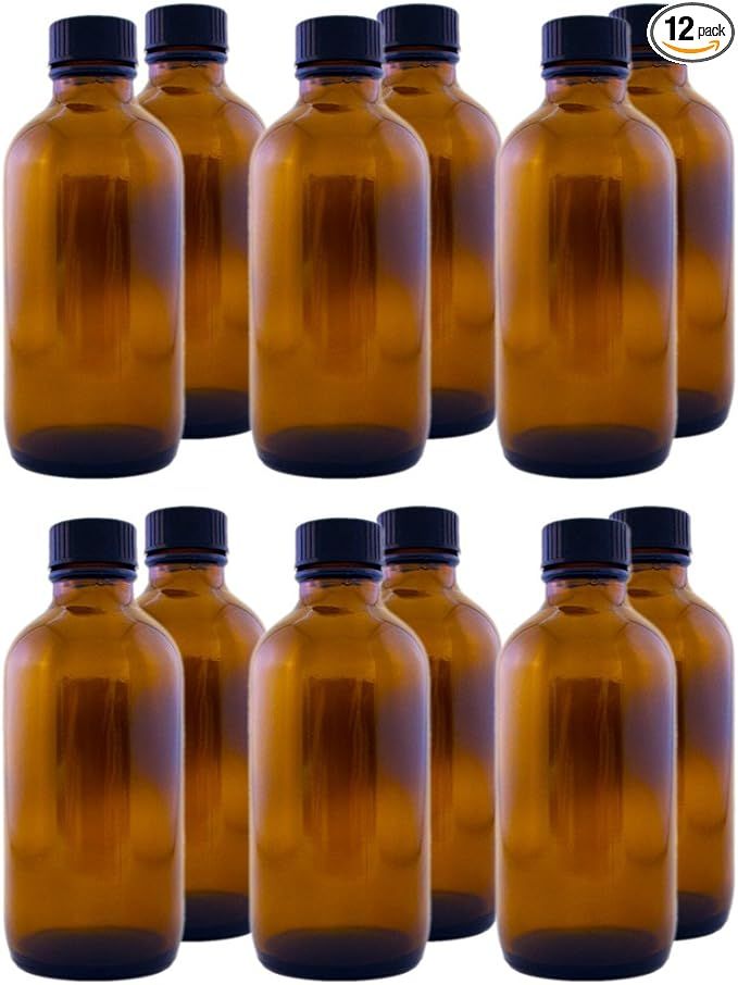 Pack of 12 - 4 oz Amber Glass Boston Round Bottles w/ Black Phenolic Cone Lined Caps | Amazon (US)