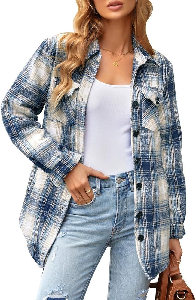 luvamia Plaid Jackets for Women Flannel Quilted Shacket Coats Oversized Button Down Shirts Jacket | Amazon (US)