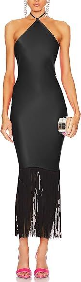 JLCNCUE Women Halter Straps Bodycon Fringe Evening Gown Elegant Sleeveless Open Back Tassels Cock... | Amazon (US)