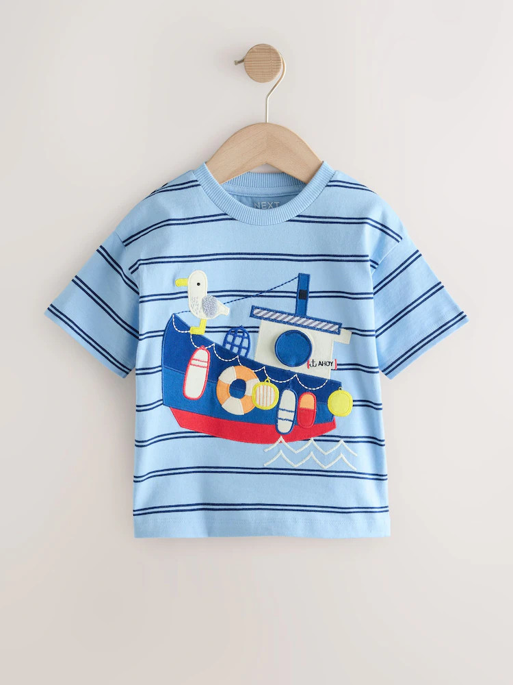 Blue Stripe Sealife Boat Short Sleeve Interactive T-Shirt (3mths-7yrs) | Next US