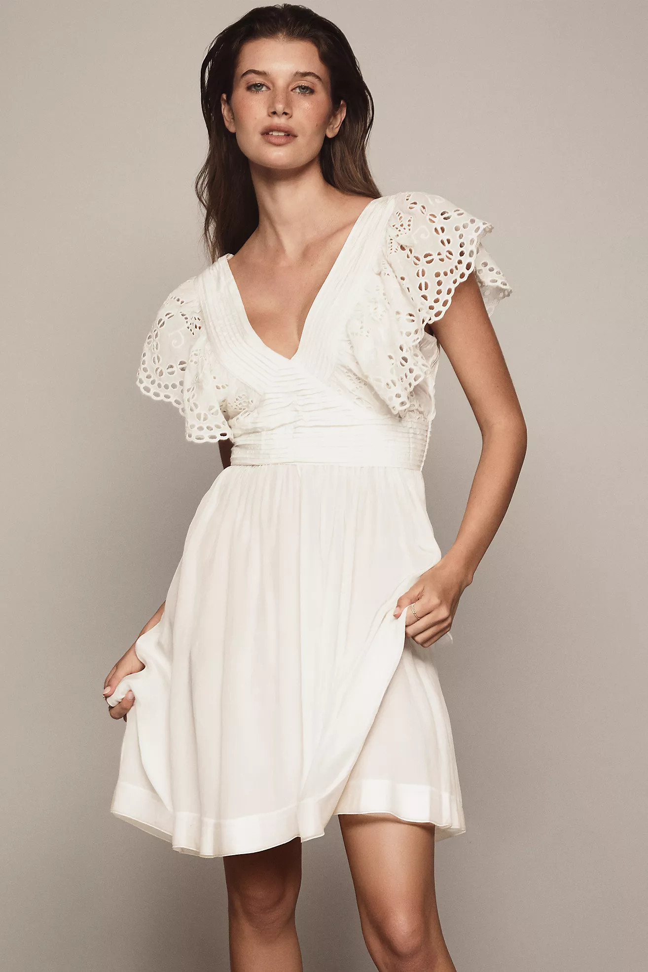 By Anthropologie Eyelet Flutter-Sleeve V-Neck Mini Dress | Anthropologie (US)