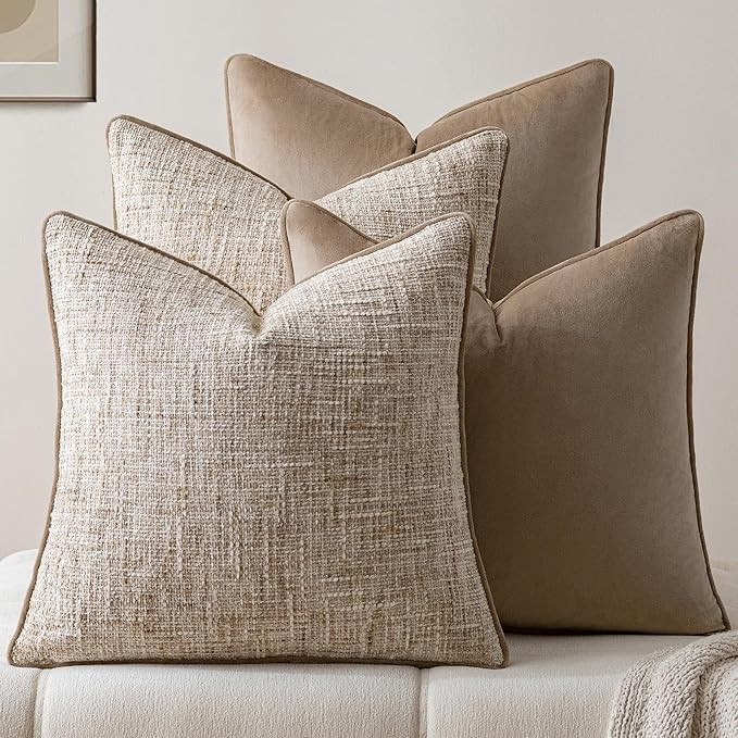 a moment Khaki 4 Pack Throw Pillow Covers - Chenille & Velvet Set with Piping, Farmhouse Textured... | Amazon (US)