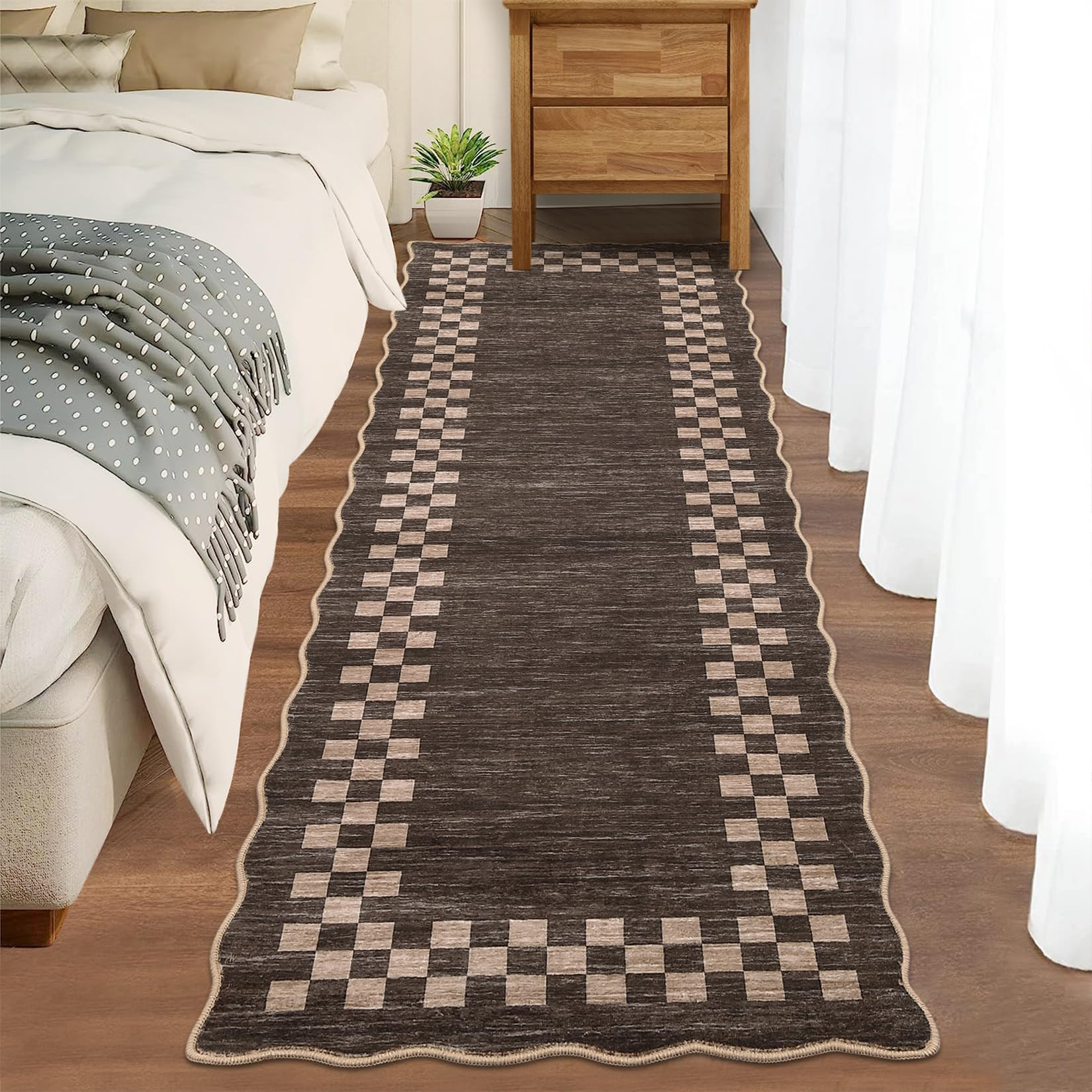 GarveeHome Hallway Runner Rug 2x6 Non Slip Scalloped Washable Rug for Kitchen Entry Stain Resistant Modern Border Throw Floor Carpet Long Runner Mat for Bathroom Living Room Bedside, Brown | Amazon (US)