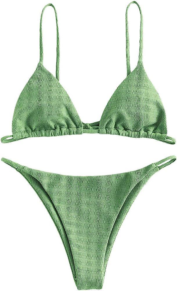 ZAFUL Women's Textured Tie String Bikini Swimwear Triangle Smocked Bikini Cheeky Brazilian Swimsu... | Amazon (US)