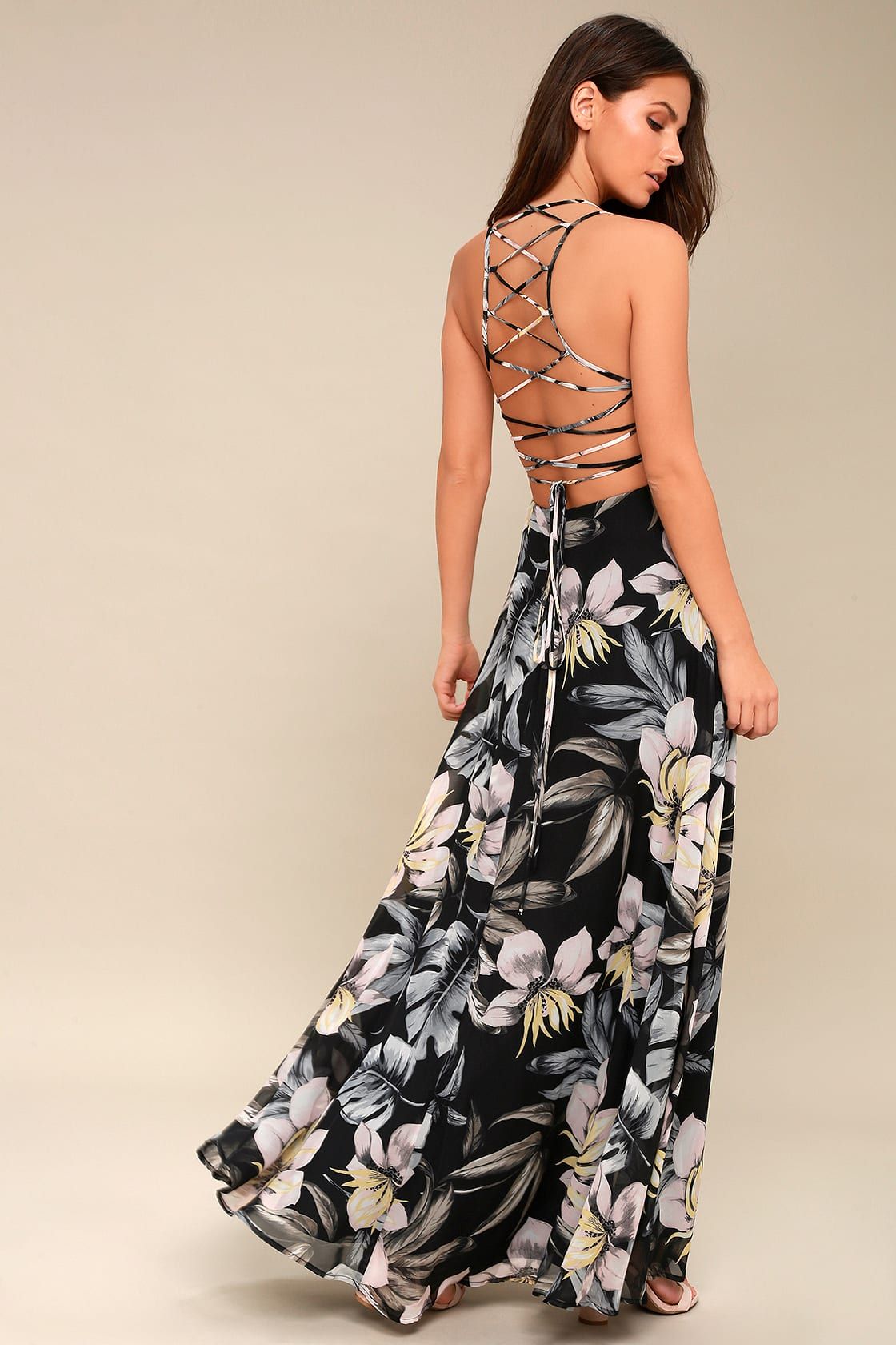 Love Abloom Black Floral Print Lace-Up Maxi Dress | Lulus