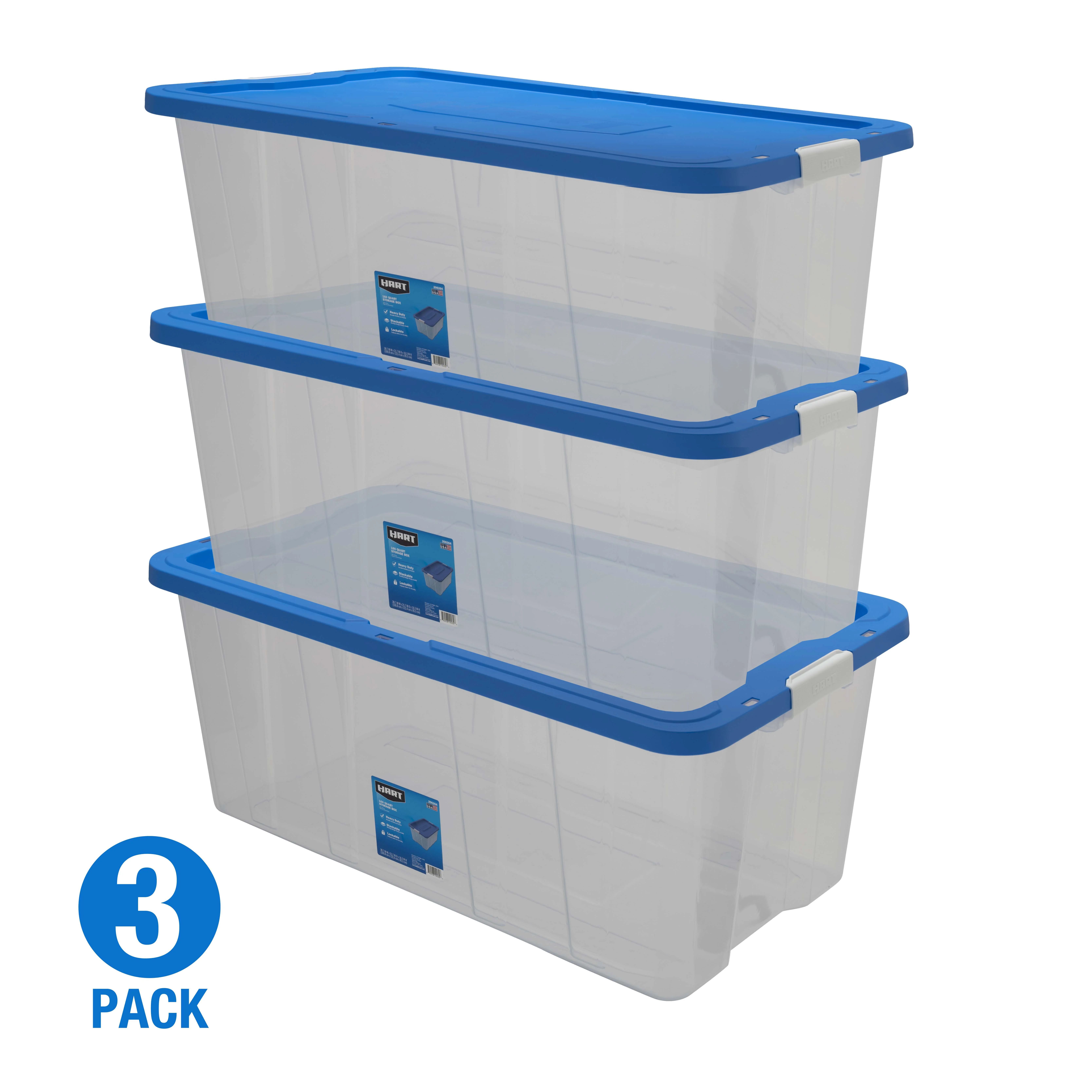HART - 160 Quarts Clear Latching Plastic Storage Bin, Clear Base/Blue Lid, Set of 3 - Walmart.com | Walmart (US)