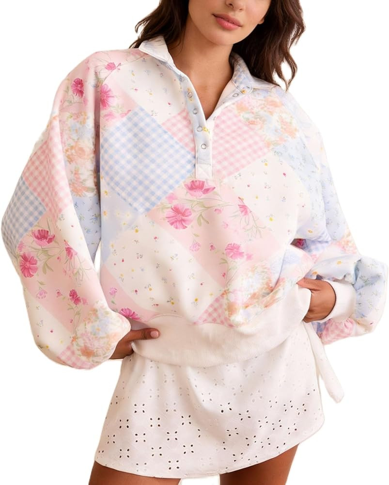 Women Oversized Sweatshirt Floral Patchwork Vintage Boho Pullover Top Button Collar Long Sleeve F... | Amazon (US)
