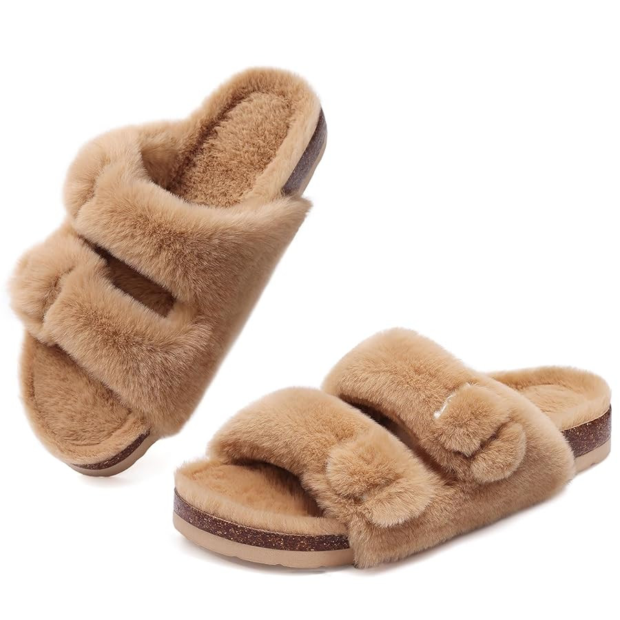 KIDMI Fuzzy Slippers Women with Cork Footbed Fluffy Slides Open Toe Indoor House Shoes | Arch Sup... | Amazon (US)