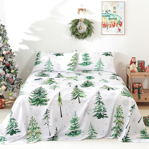 Luxudecor Christmas Sheet Set King Size 4 Pieces Green Christmas Tree Fitted Sheet Deep Pocket Soft Microfiber Bed Sheets and Pillowcase for Winter | Amazon (US)