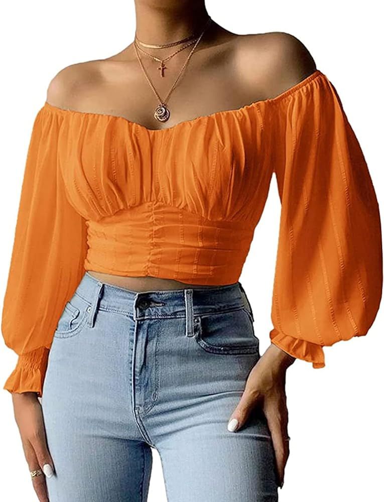 MIRACMODA Womens Elegant Off The Shoulder Puff Sleeve Blouse Summer Chiffon Slim Fit Party Crop T... | Amazon (US)