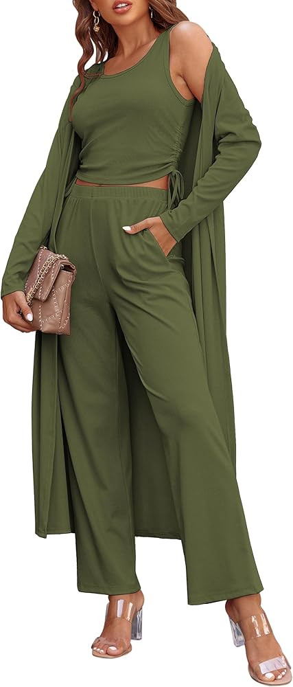 Ekouaer Women's 3 Piece Knit Lounge Set Pajama Long Sleeve Cardigan Sleeveless Top Pants Sweatsui... | Amazon (US)