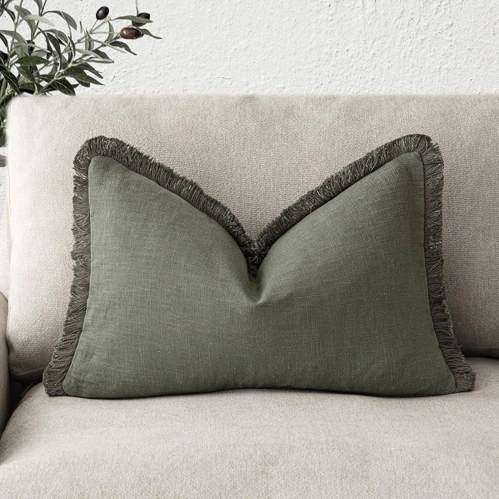 Foindtower Decorative Linen Fringe Lumbar Throw Pillow Covers Cozy Boho Farmhouse Cushion Cover w... | Amazon (US)