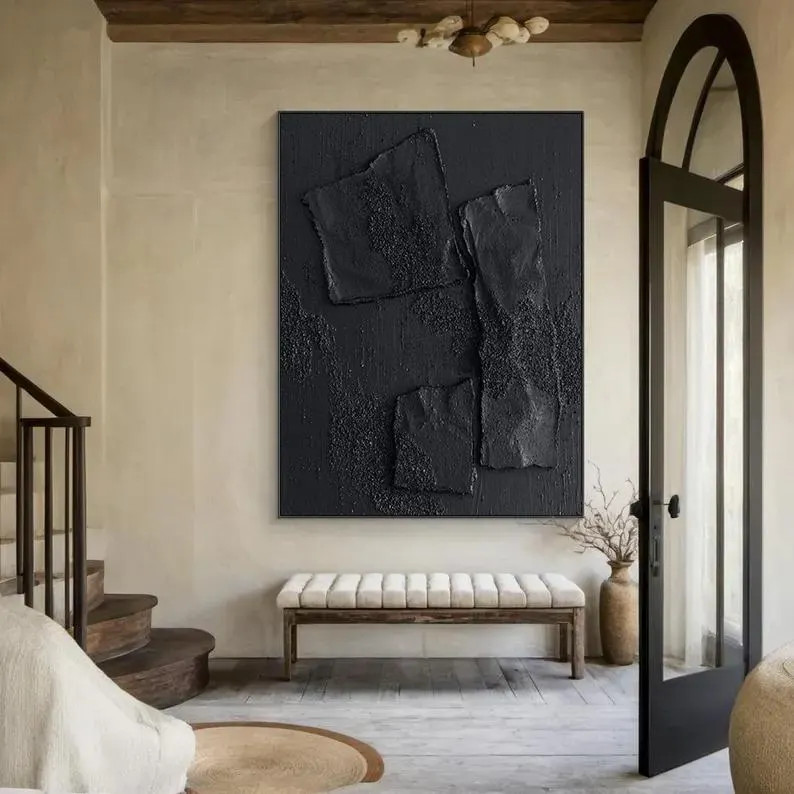 Large Black 3D Textured Painting, Minimalist Plaster Wall Art - Etsy | Etsy (Global)