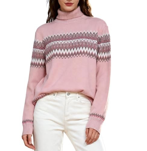 SANGTREE Fair Isle Sweater for Women Turtleneck Sweater Long Sleeve Knit Pullover Tops Fall Outfits Pink, S | Amazon (US)