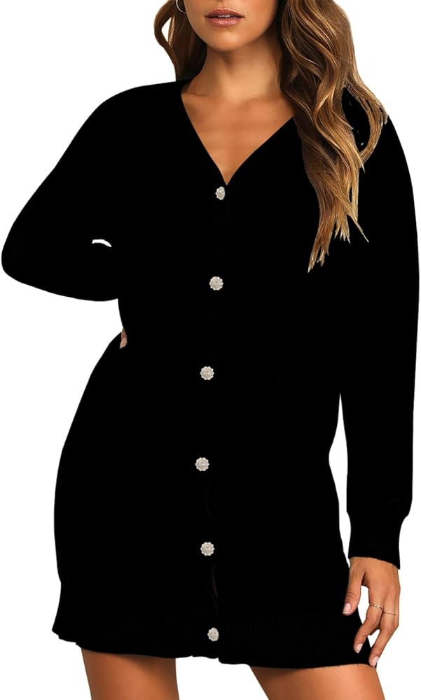 Pink Queen 2023 Fall Long Cardigan for Women Long Sleeve Open Front Button V Neck Houndstooth Car... | Amazon (US)