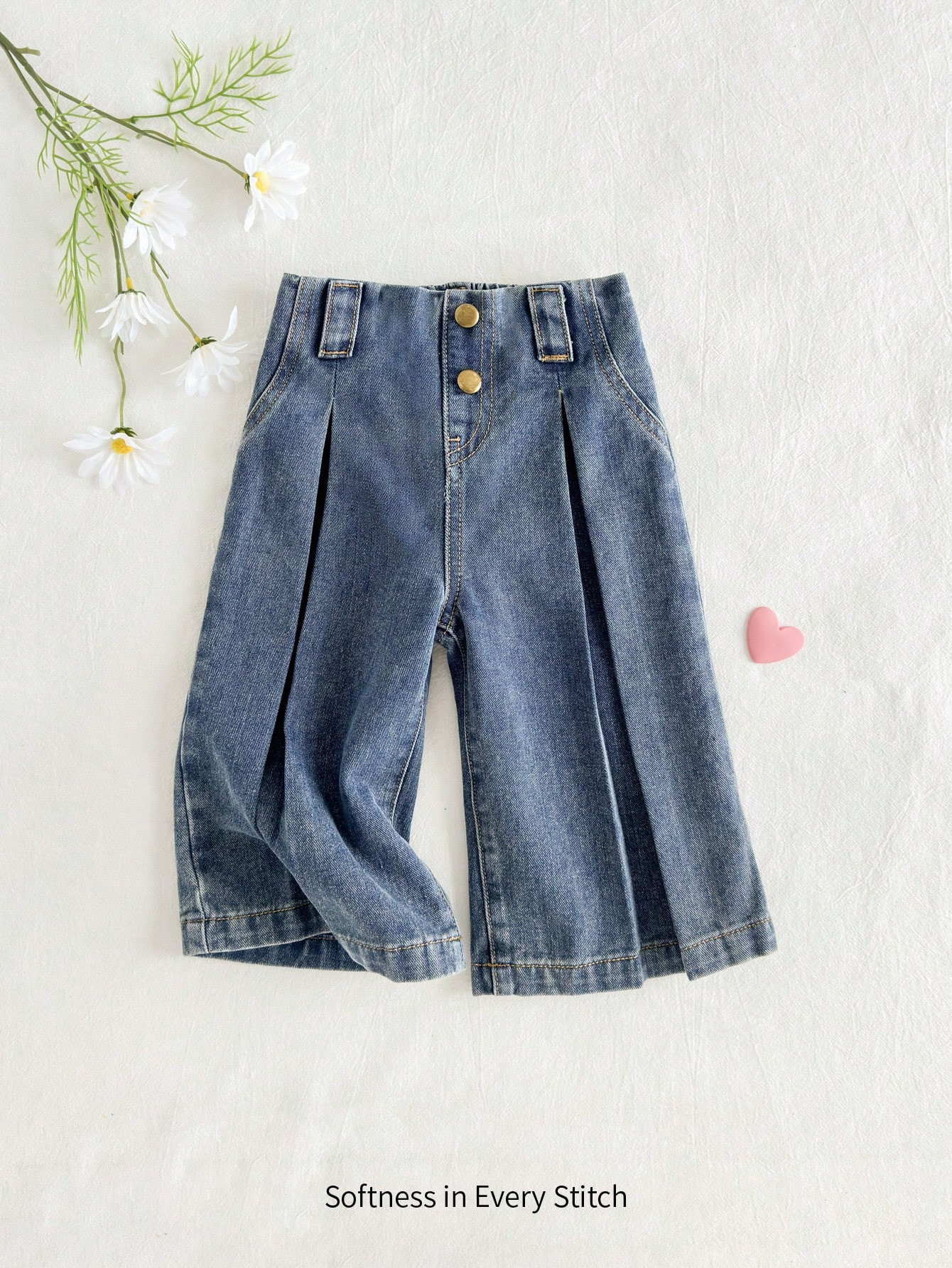 Cozy Pixies Baby Girls' Fall Clothes Retro Washed Pleated Botton Front Denim Wide Leg Pants,Baby ... | SHEIN