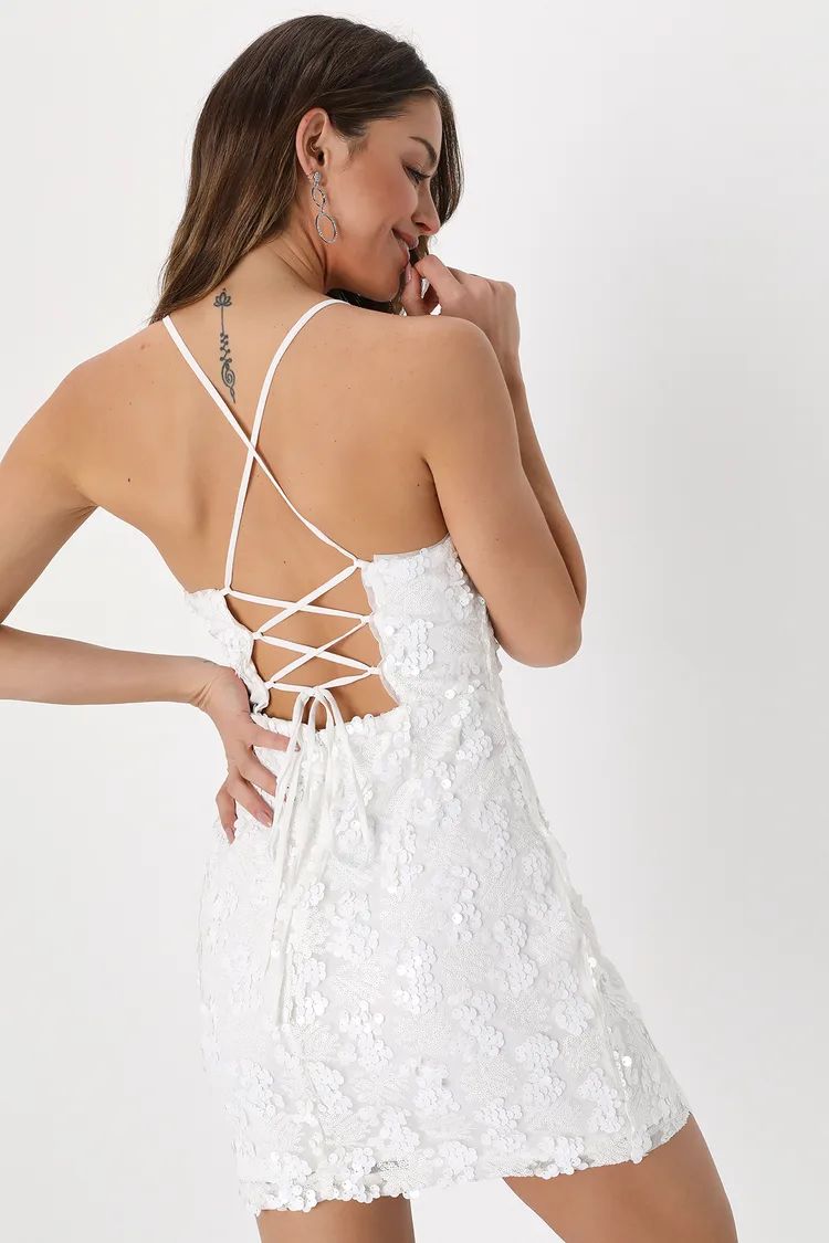 Love to Celebrate White Sequin Lace-Up Mini Bodycon Dress | Lulus (US)