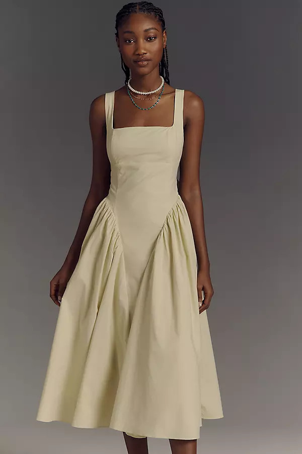 Square-Neck Basque-Waist Midi Dress | Anthropologie (US)