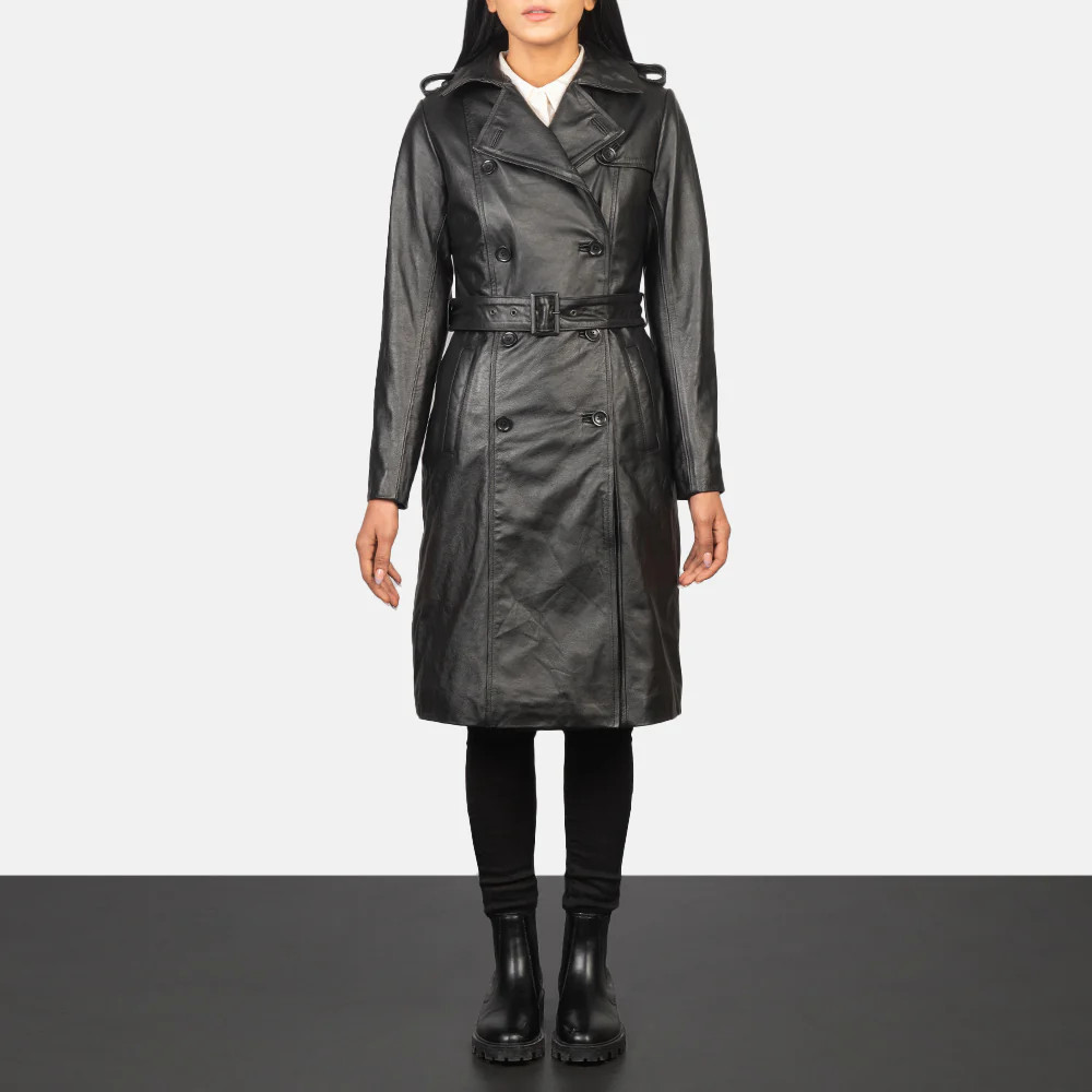 Women's Alice Black Double Breasted Leather Coat | The Jacket Maker