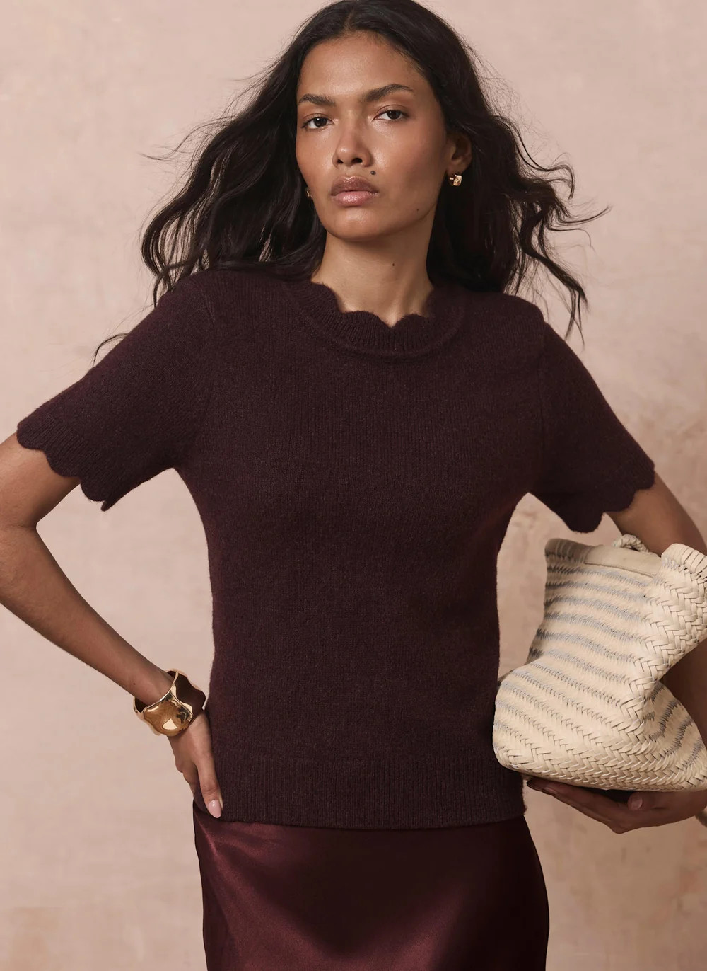 Burgundy Scallop Trim Knit Top | Mint Velvet