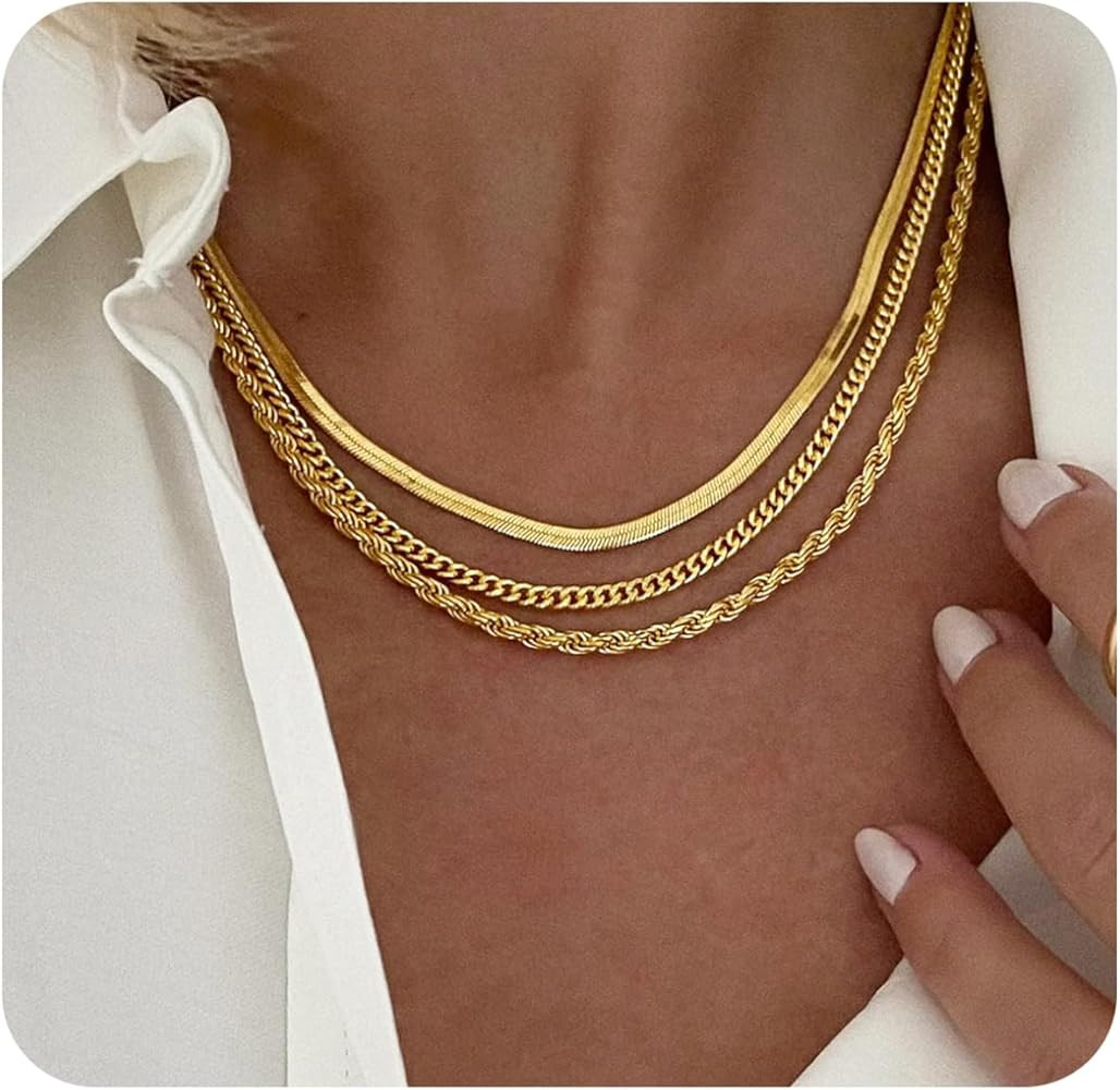 14K Gold Plated Layering Necklaces For Women Gold Necklace Set, Cuban Link, Snake Chain, Papercli... | Amazon (US)