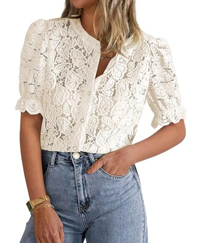 PRETTYGARDEN Womens 2026 Spring Lace Tops Short Puff Sleeve Casual Dressy Blouses Eyelet Crew Neck Button Down Shirts (Beige,Small) | Amazon (US)