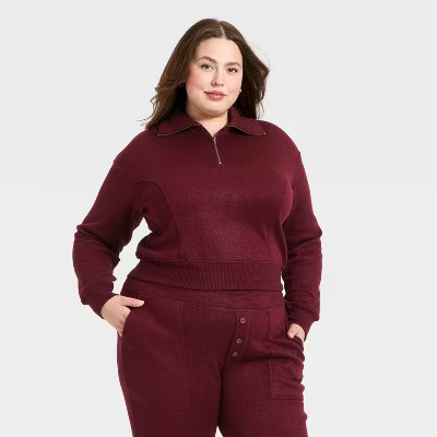 Women's Quarter Zip Pullover Sweatshirt - Universal Thread™ Burgundy 1X | Target