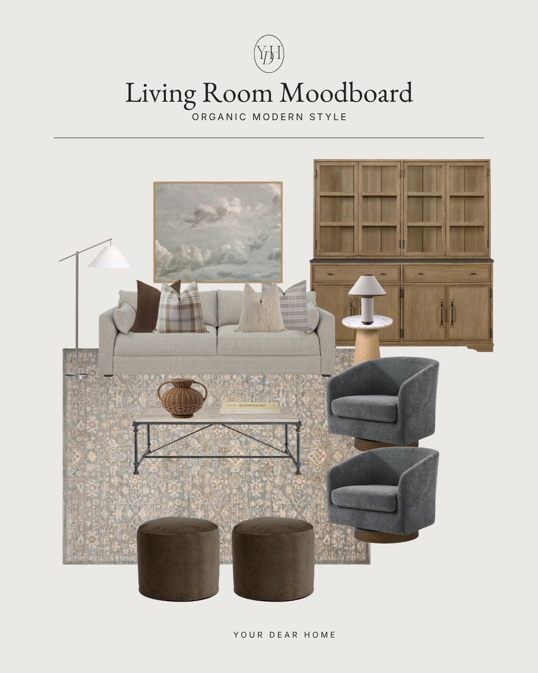 An organic modern living room always feels warm, layered and relaxed without looking boring. I love how the soft neutrals, vintage-inspired rug, charcoal accent chairs and warm wood tones balance each other here. The mix of textures is what really makes this one feel designer styled. 

 #LTKHome
