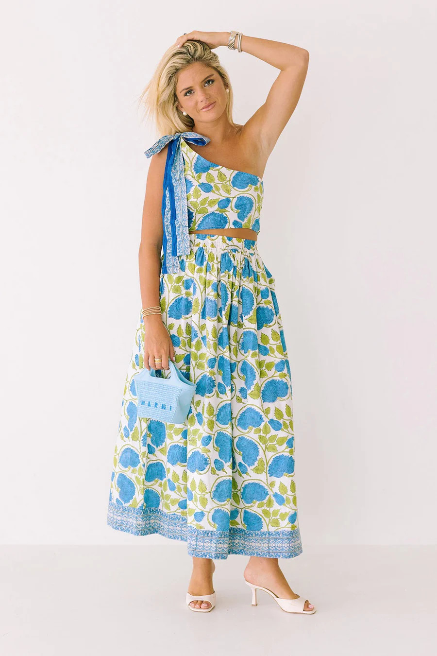 Valorie One Shoulder Maxi Skirt Set - White/Blue/Green Floral | Fancyd Boutiqe