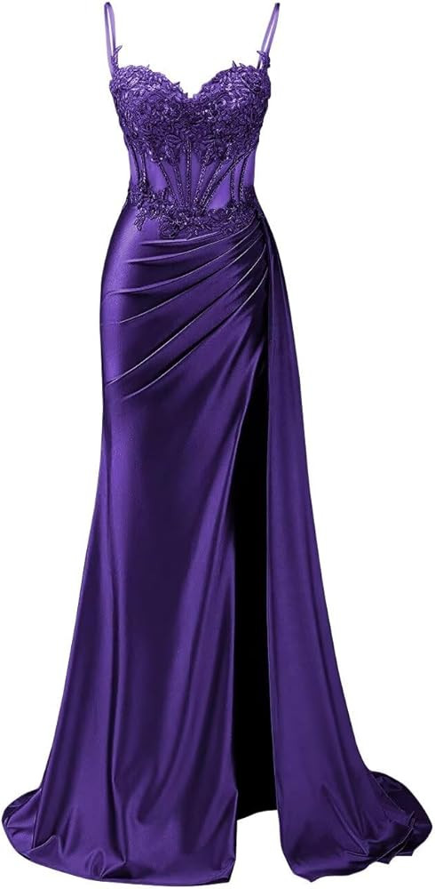 Women's Spaghetti Strap Prom Dresses Long with Slit Sparkly Lace Applique Mermaid Formal Evening ... | Amazon (US)