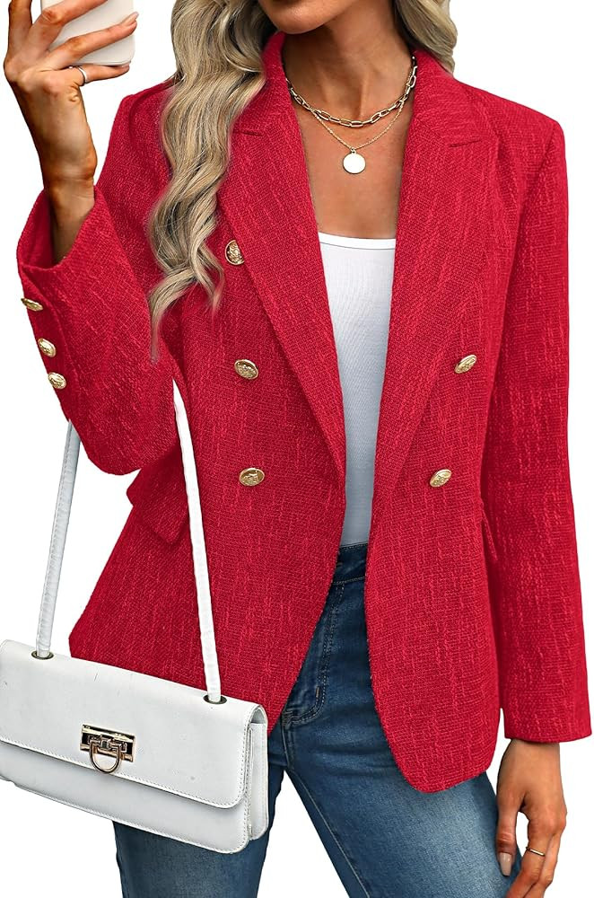 ELLEVEN Women's Tweed Blazers Business Casual - Long Sleeve Double Breasted Jackets Open Front Wo... | Amazon (US)