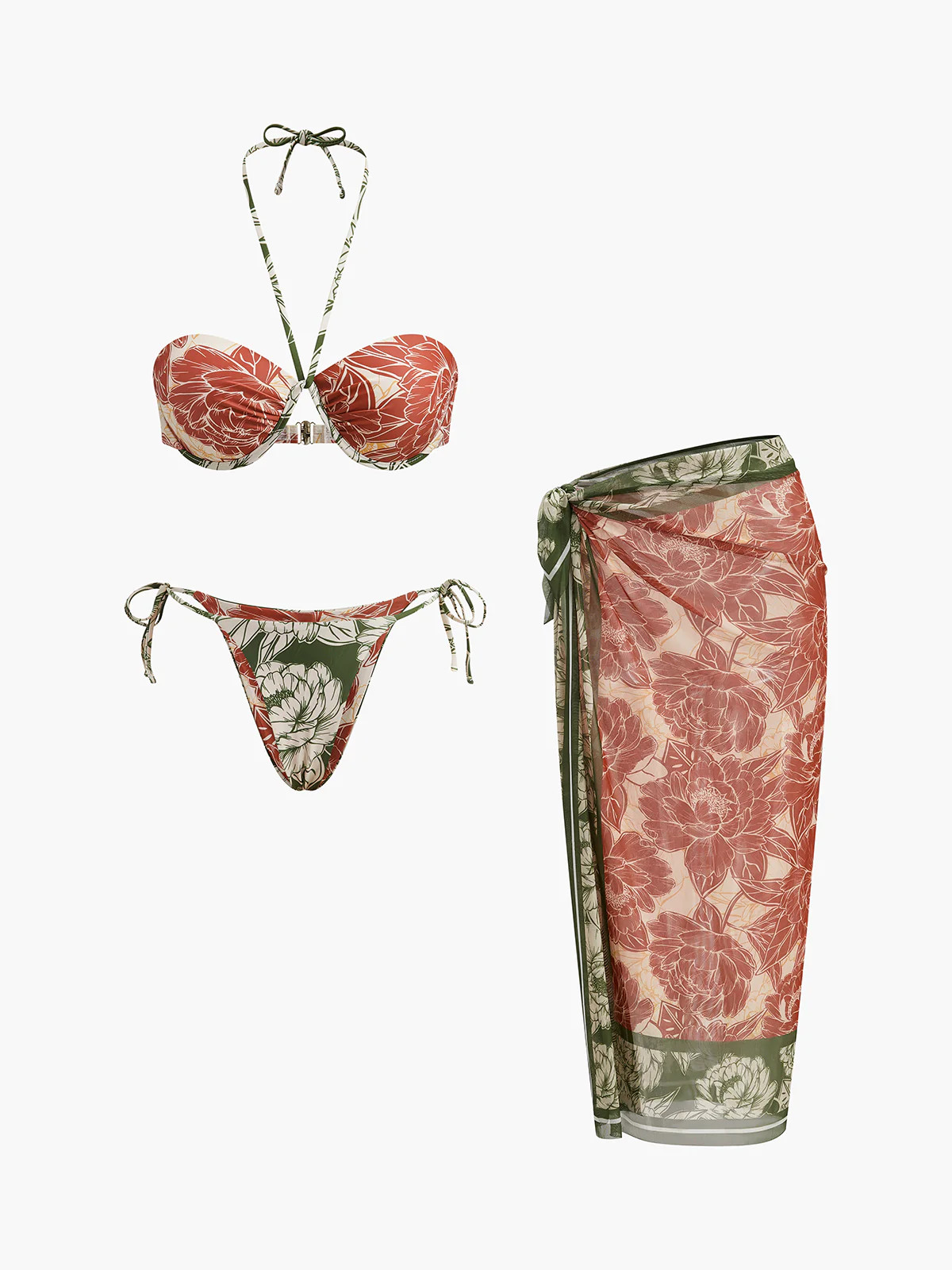 Floral Bikini Set With Tie Side Skirt | Commense