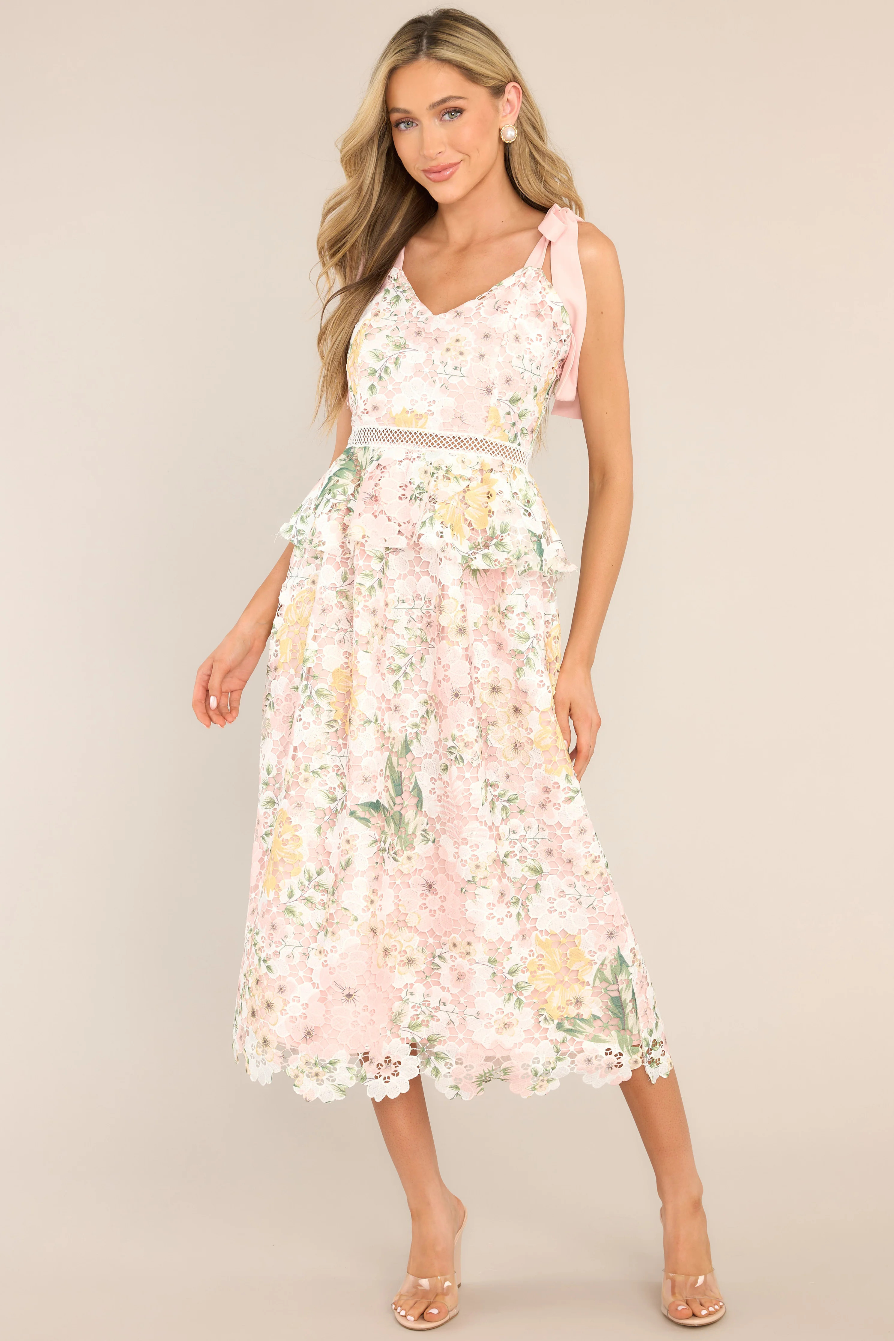 Remembering Spring Peach Lace Floral Midi Dress | Red Dress 