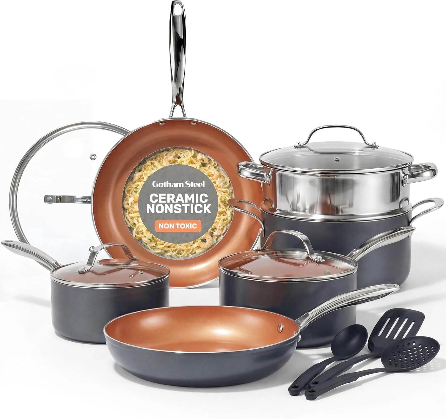 Gotham Steel 15 Pc Ceramic Pots and Pans Set Non Stick, Copper Cookeware Set with Utensils, Pot a... | Walmart (US)