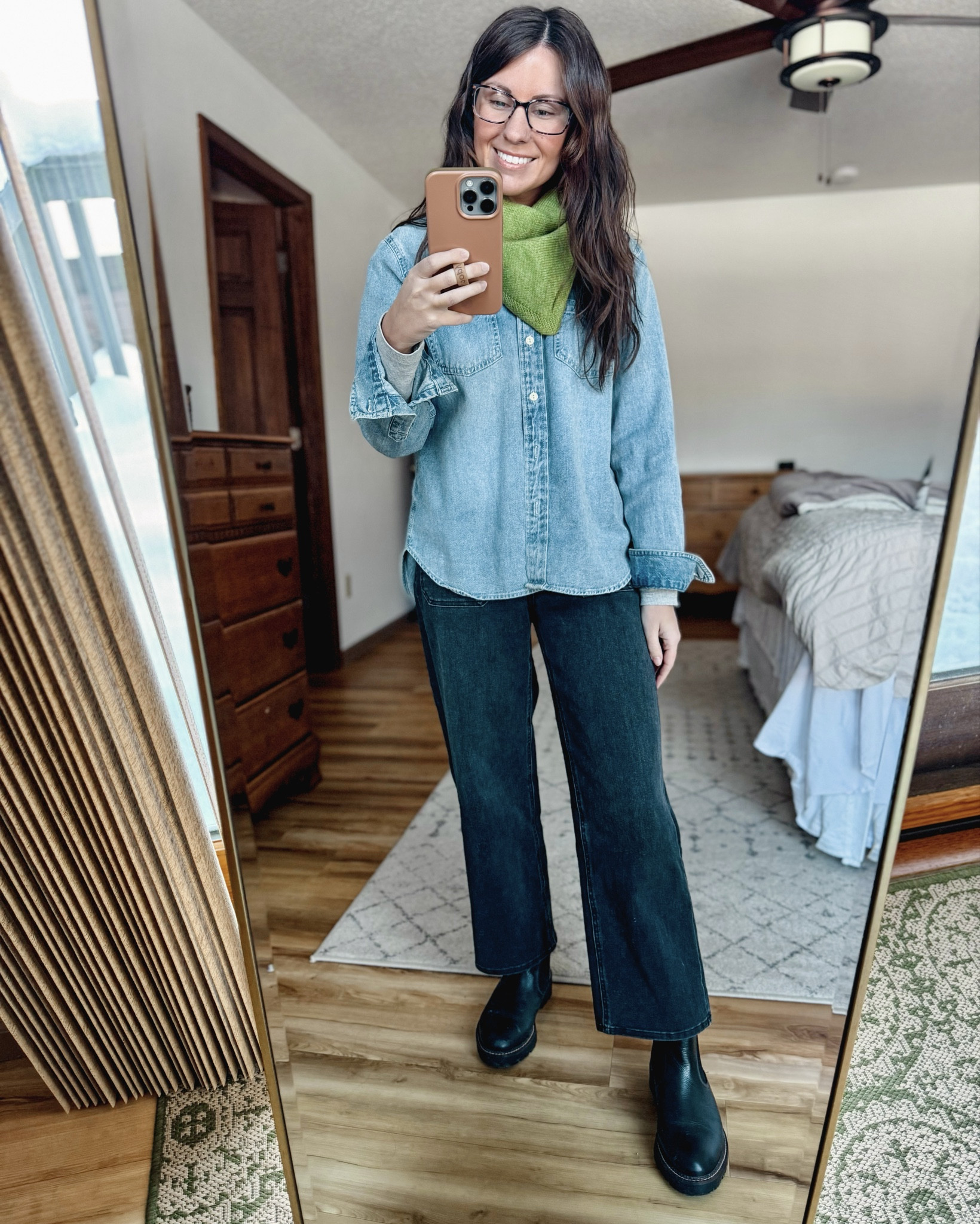 Small in my long sleeve, my denim shirt is older so I linked a bunch of similar options, 24 in the 26” inseam of my jeans (faded black color and so comfy!) and 6.5 in my boots (selling out so also linked similar). 
Love this green scarf! So fun for a pop of color! I have the tan too! 

#LTKPetite #LTKootd #LTKSeasonal